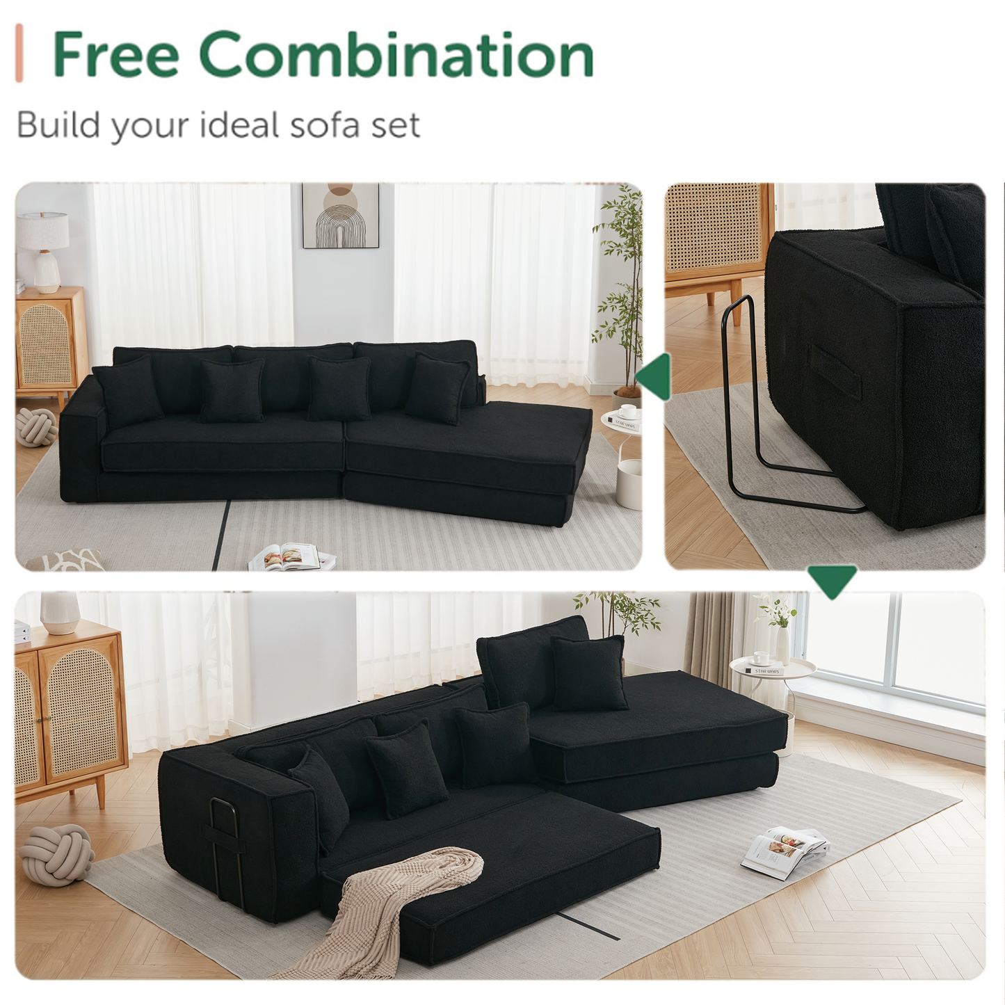 Folding Convertible Out Sleeper Sofa Bed,2-in-1, Combination Convertible Sofa,3 seat, Upholstered,Fold Out Floor Gaming Sofa Bed , Lamb Velvet Fabric,Living Room,Black
