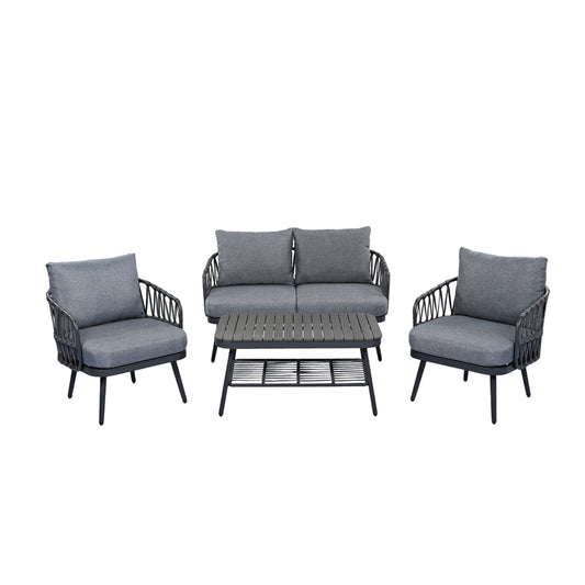 4-Piece Outdoor Patio Furniture Set, Metal Chairs with Woven Rope U-Shaped Backrest,Outdoor Conversation Set with Thick Cushions and Coffee Table for Garden, Poolside, Balcony, Black & Grey
