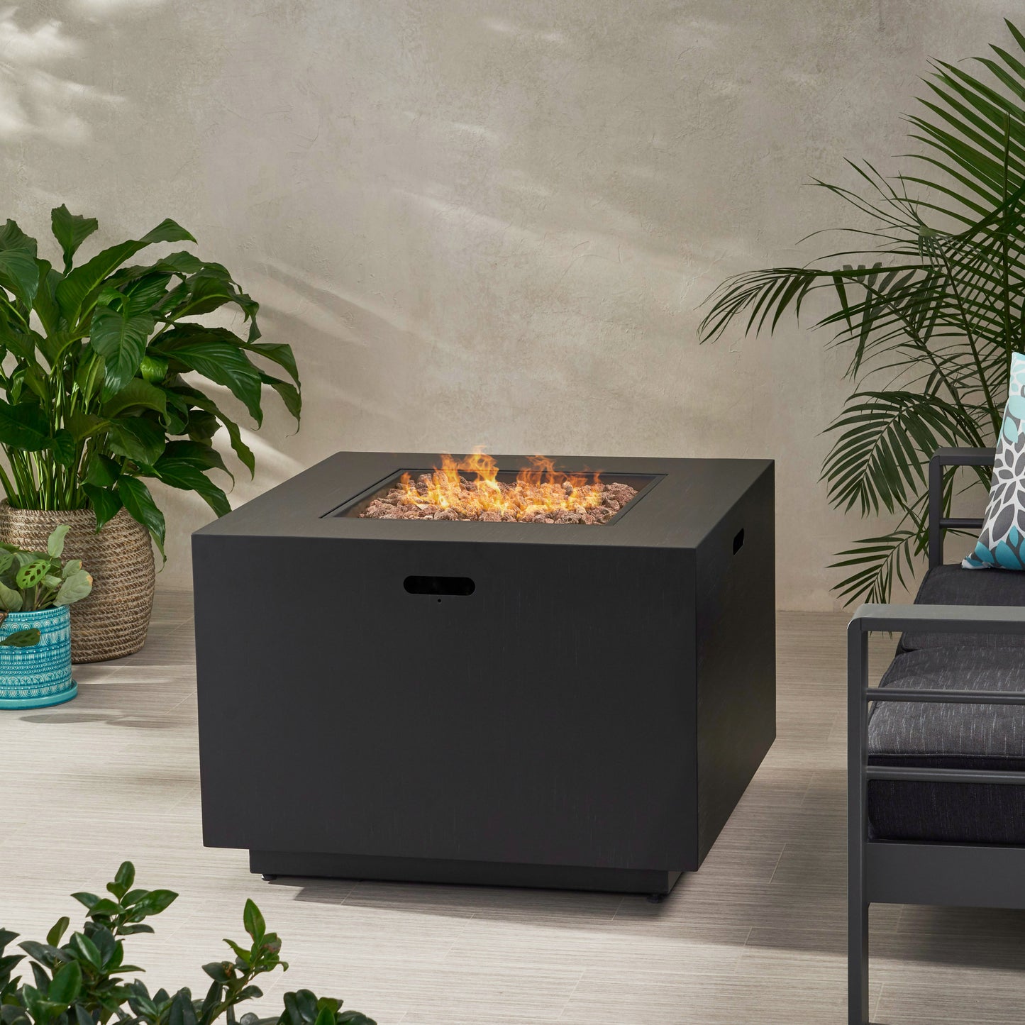 Outdoor Patio Propane Fire Pit 24'' H x 33'' W Square Iron Gas-burning Fire Pit - 50,000 BTU, Tank in side, Dark Grey