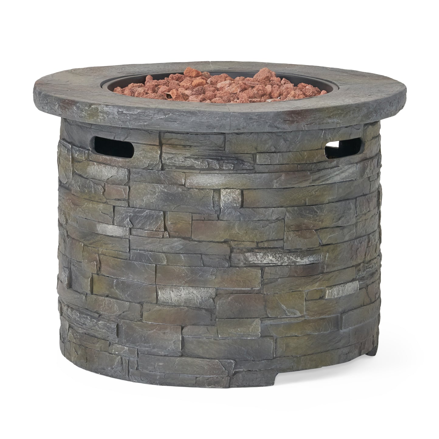 Outdoor 35" Lightweight Concrete Round Propane Fire Pit - 40,000 BTU, Natural Stone (Tank Inside)