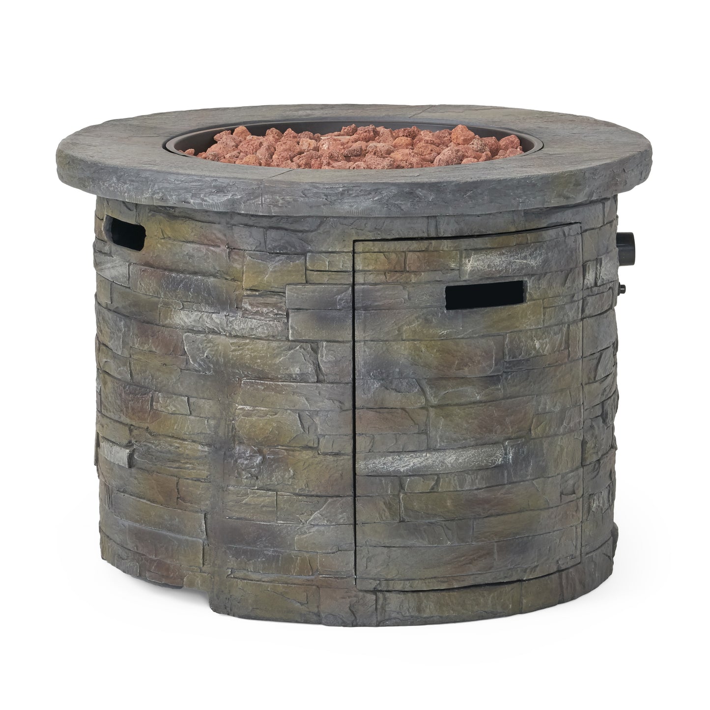 Outdoor 35" Lightweight Concrete Round Propane Fire Pit - 40,000 BTU, Natural Stone (Tank Inside)