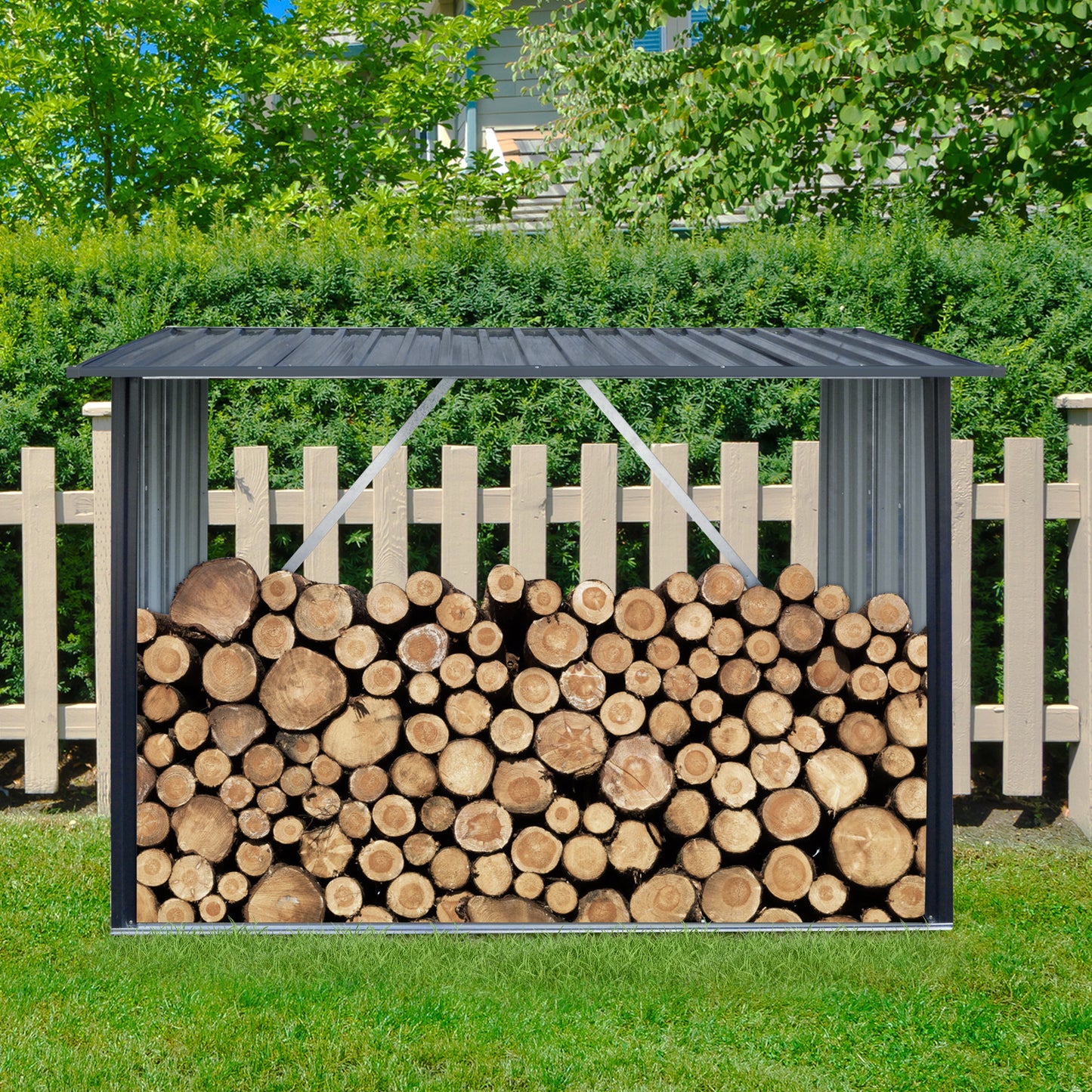Outdoor Steel Firewood Rack,Open Wood Shed with Sloped Roof for Firewood,Pellet,or Lumber Storage,Black