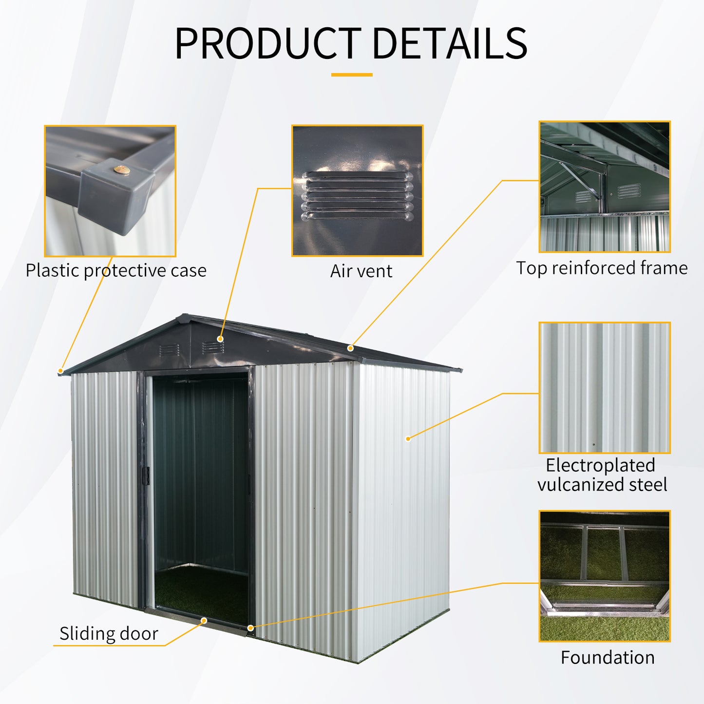 8ft x 4ft Outdoor Metal Storage Shed with Sliding Door and foundation for Backyard, Patio, Lawn - White and Black
