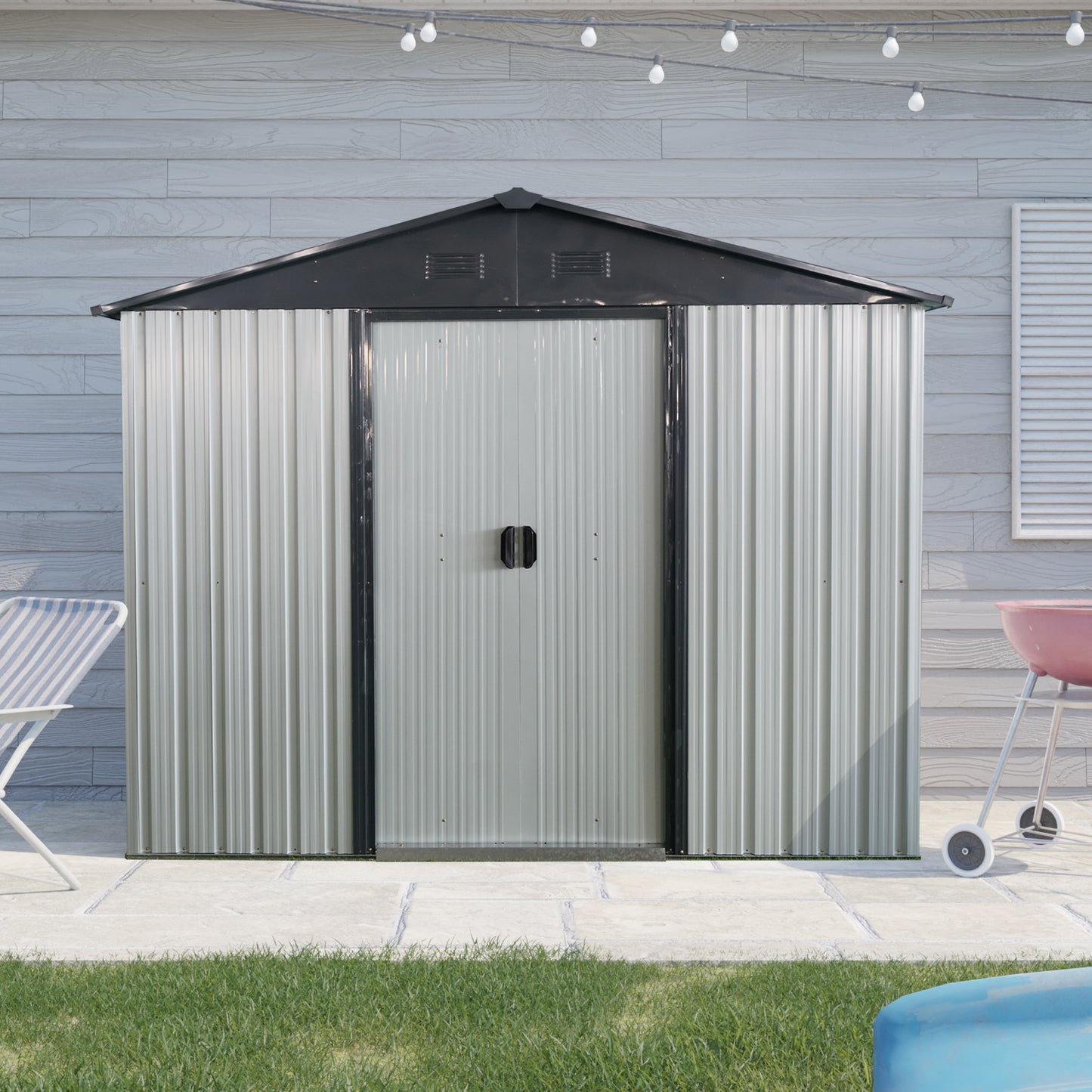 8ft x 4ft Outdoor Metal Storage Shed with Sliding Door and foundation for Backyard, Patio, Lawn - White and Black
