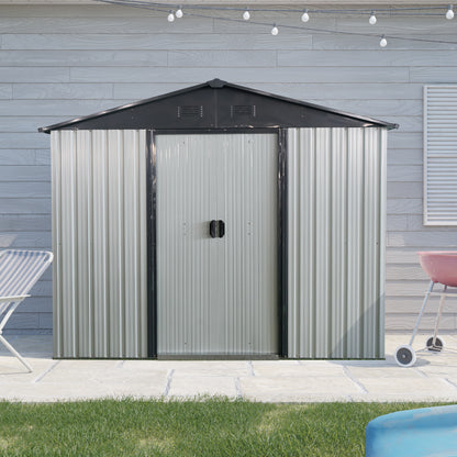 8ft x 4ft Outdoor Metal Storage Shed with Sliding Door and foundation for Backyard, Patio, Lawn - White and Black