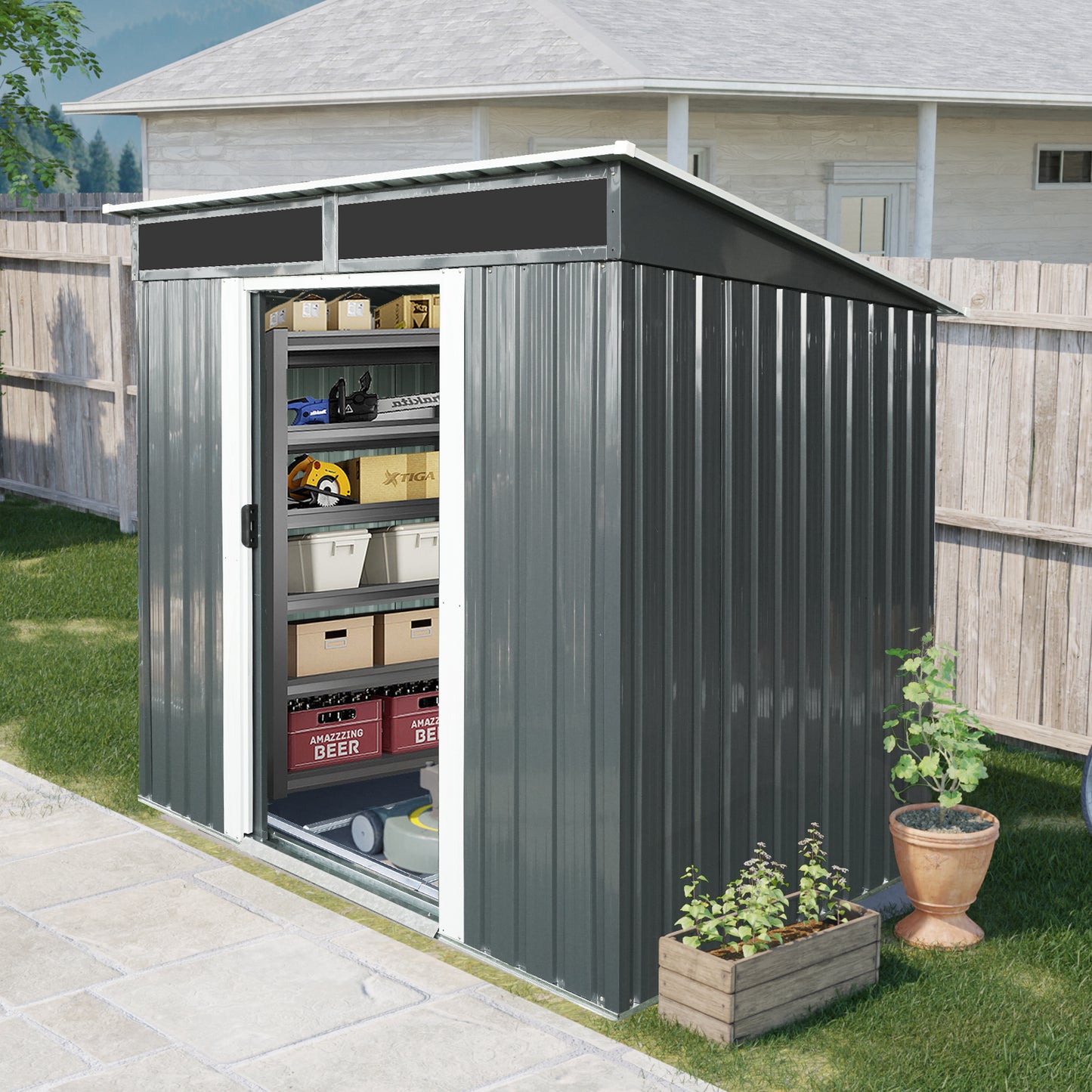 6ft x 5ft Outdoor Metal Storage shed with Lockable Sliding Doors and Transparent plate for Garden, Lawn (Black and White)