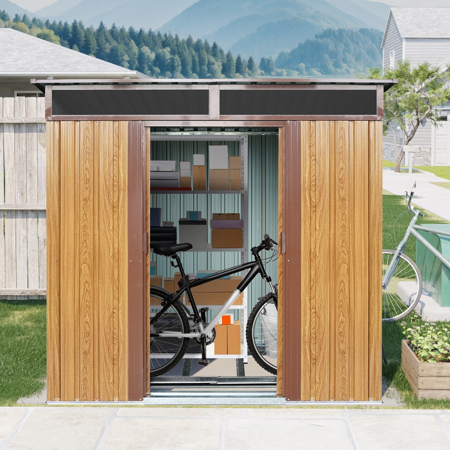 6ft x 5ft Outdoor Metal Storage with Transparent plate and Foundation for Backyard Garden Patio --Coffee