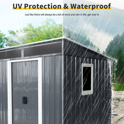 6ft x 5ft Outdoor Metal Storage Shed with Window and Transparent plate for Garden, Lawn (Black and White)