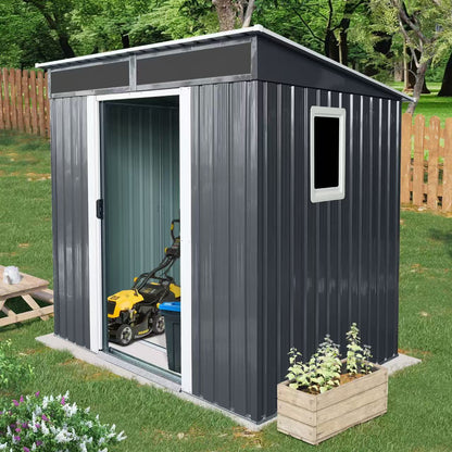 6ft x 5ft Outdoor Metal Storage Shed with Window and Transparent plate for Garden, Lawn (Black and White)