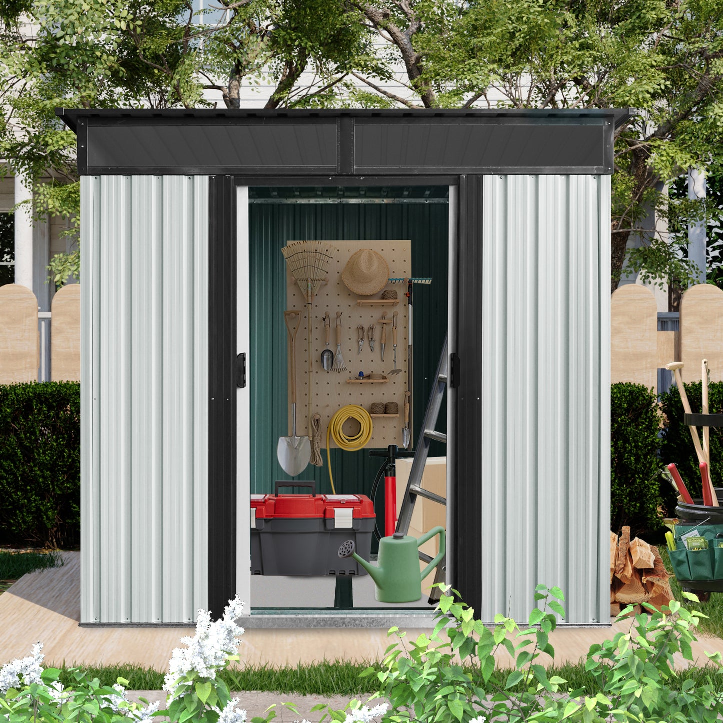 6ft x 5ft Outdoor Metal Storage Shed with Window and Transparent plate for Garden, Lawn (White and Black)