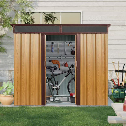 8ft x 6ft Outdoor Metal Storage with Lockable Sliding Doors and Transparent plate for Garden, Lawn (Coffee)