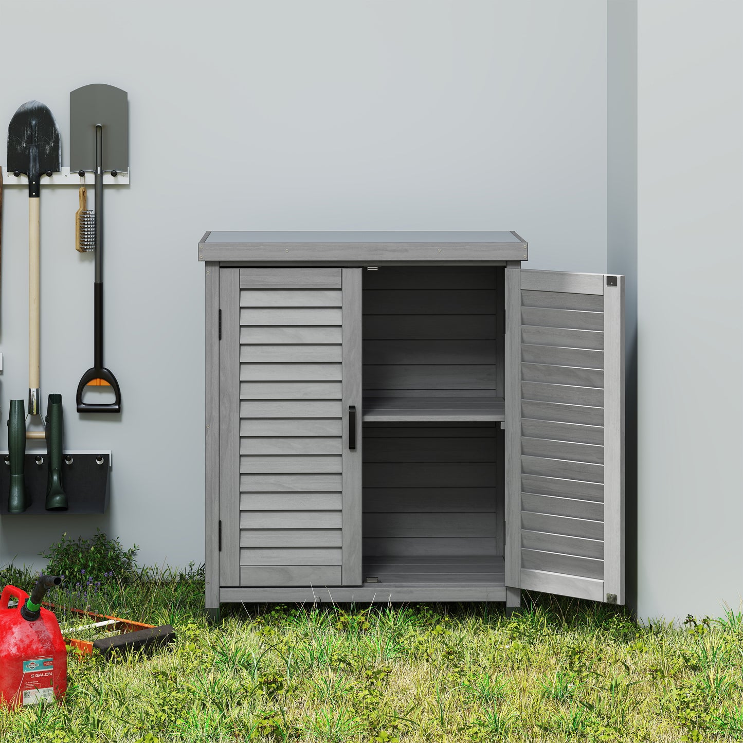 Potting Bench with Storage Cabinet and Metal Table Top for Outdoor Patio, Garden Furniture Wood Workstation Grey 31.5x17x36''