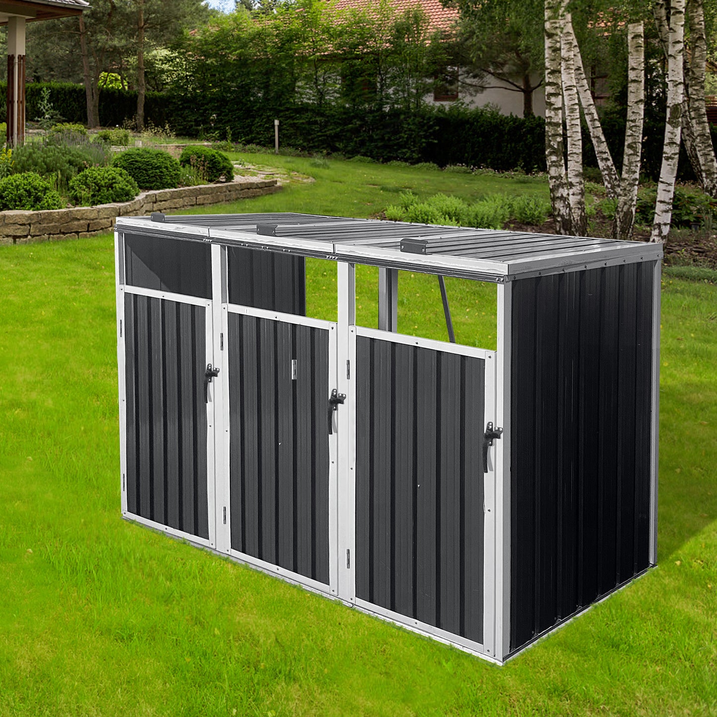 Garbage Bin Shed Stores 3 Trash Cans Metal Outdoor Bin Shed for Garbage Storage,Dark-grey