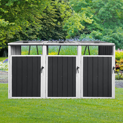 Garbage Bin Shed Stores 3 Trash Cans Metal Outdoor Bin Shed for Garbage Storage,Dark-grey
