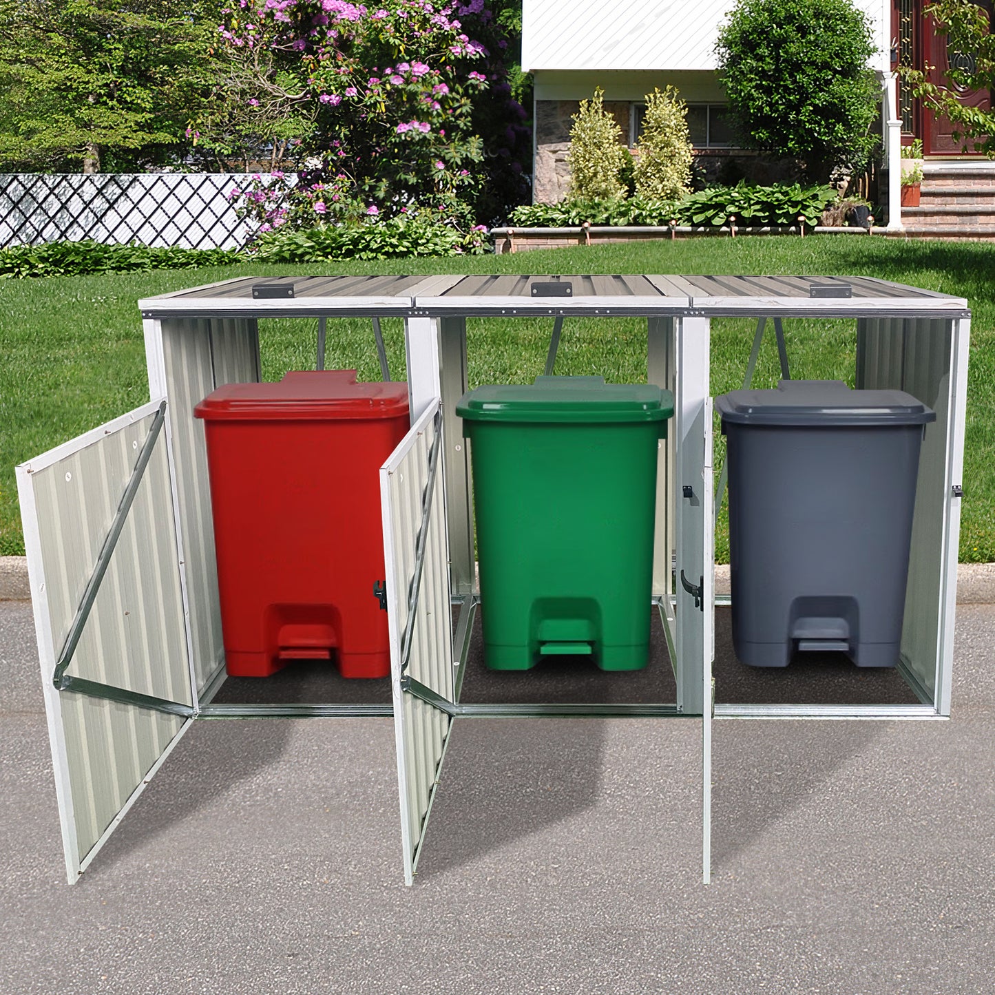 Garbage Bin Shed Stores 3 Trash Cans Metal Outdoor Bin Shed for Garbage Storage,Dark-grey
