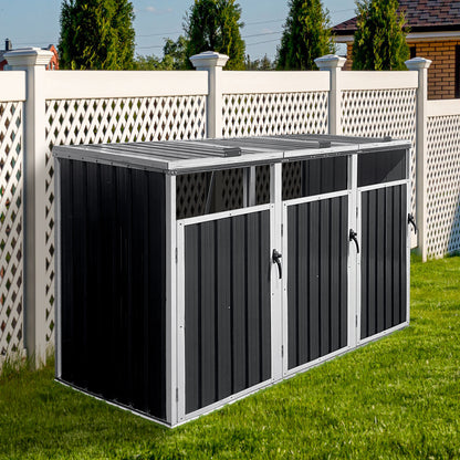 Garbage Bin Shed Stores 3 Trash Cans Metal Outdoor Bin Shed for Garbage Storage,Dark-grey