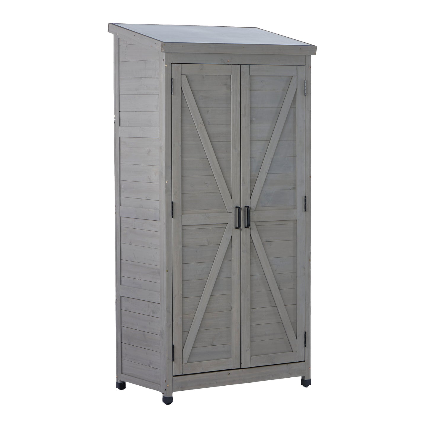 Outdoor Wooden Storage Shed with Metal Top Tall Vertical Tool Cabinet for Backyard Garden Patio Lawn