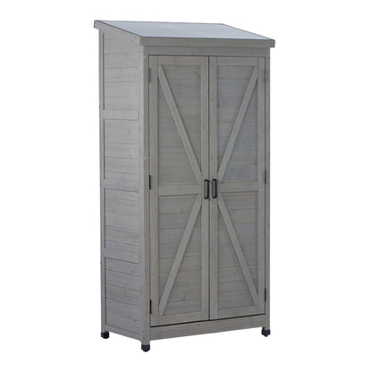 Outdoor Wooden Storage Shed with Metal Top Tall Vertical Tool Cabinet for Backyard Garden Patio Lawn