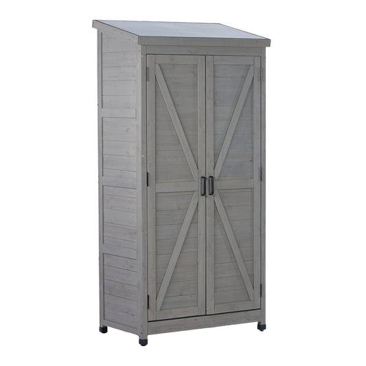 Outdoor Wooden Storage Shed with Metal Top Tall Vertical Tool Cabinet for Backyard Garden Patio Lawn