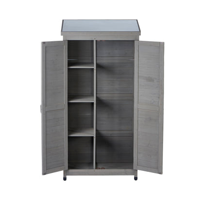 Outdoor Wooden Storage Shed with Metal Top Tall Vertical Tool Cabinet for Backyard Garden Patio Lawn