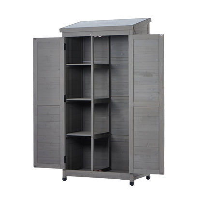 Outdoor Wooden Storage Shed with Metal Top Tall Vertical Tool Cabinet for Backyard Garden Patio Lawn