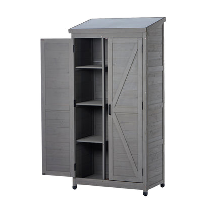 Outdoor Wooden Storage Shed with Metal Top Tall Vertical Tool Cabinet for Backyard Garden Patio Lawn