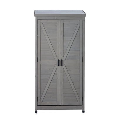 Outdoor Wooden Storage Shed with Metal Top Tall Vertical Tool Cabinet for Backyard Garden Patio Lawn