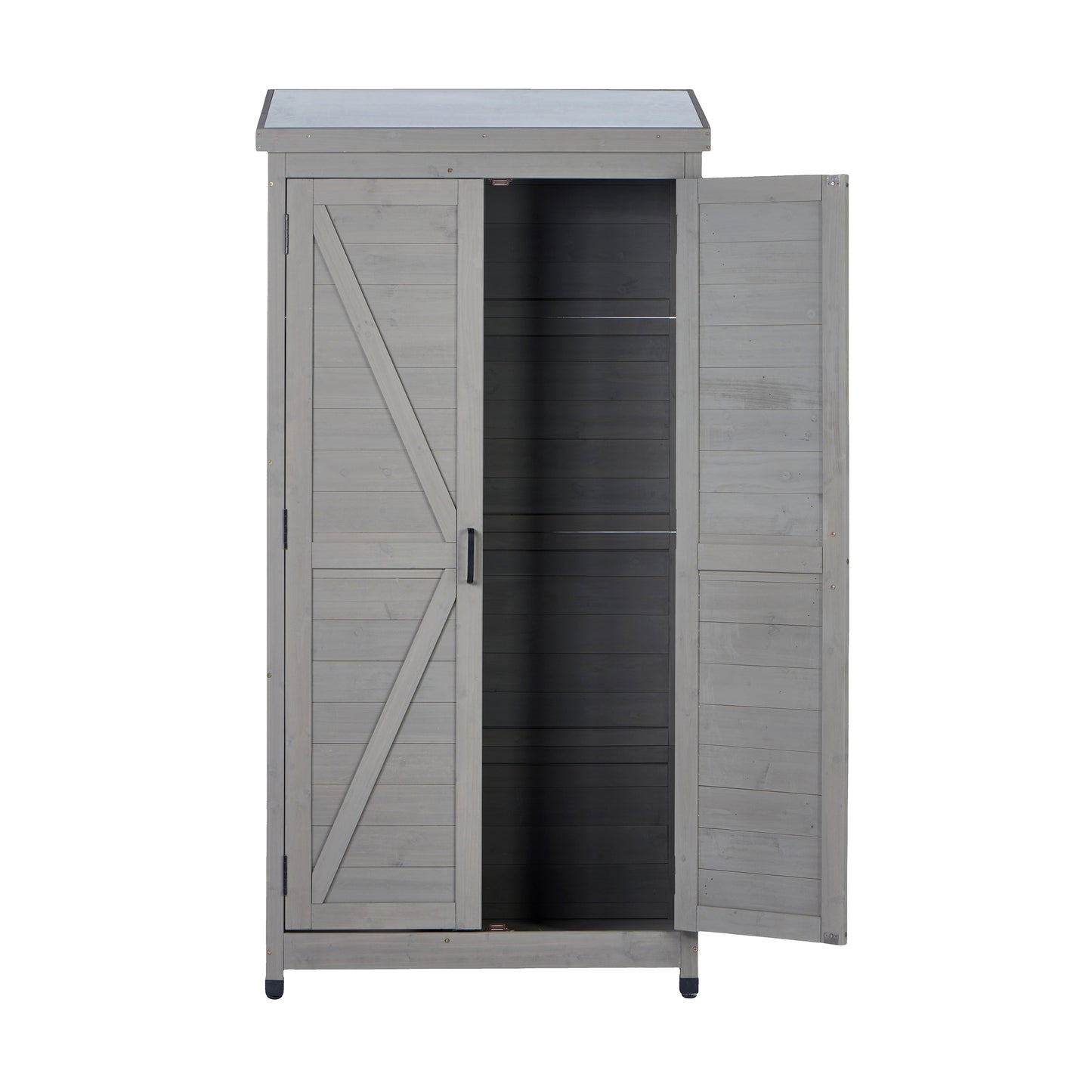 Outdoor Wooden Storage Shed with Metal Top Tall Vertical Tool Cabinet for Backyard Garden Patio Lawn