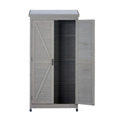 Outdoor Wooden Storage Shed with Metal Top Tall Vertical Tool Cabinet for Backyard Garden Patio Lawn