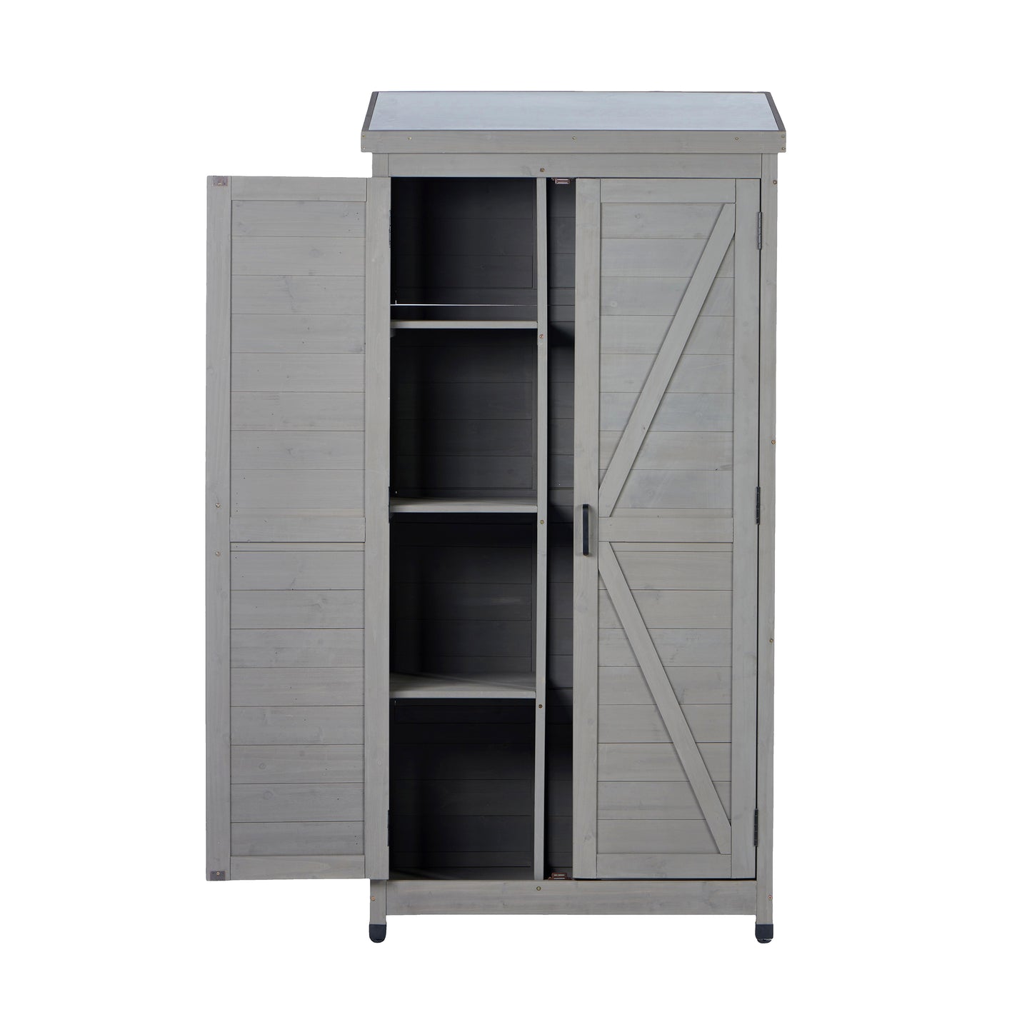 Outdoor Wooden Storage Shed with Metal Top Tall Vertical Tool Cabinet for Backyard Garden Patio Lawn