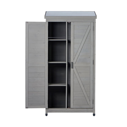 Outdoor Wooden Storage Shed with Metal Top Tall Vertical Tool Cabinet for Backyard Garden Patio Lawn