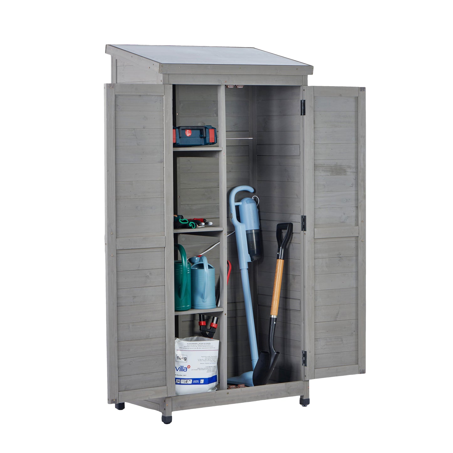 Outdoor Wooden Storage Shed with Metal Top Tall Vertical Tool Cabinet for Backyard Garden Patio Lawn