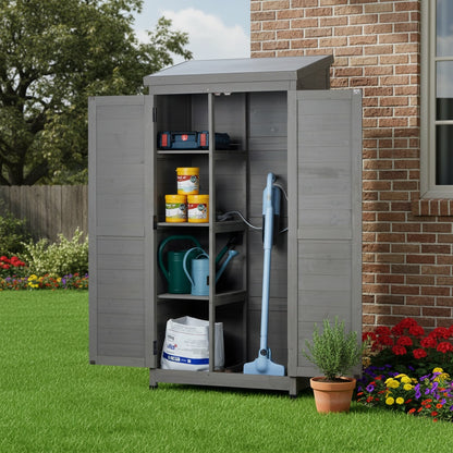 Outdoor Wooden Storage Shed with Metal Top Tall Vertical Tool Cabinet for Backyard Garden Patio Lawn
