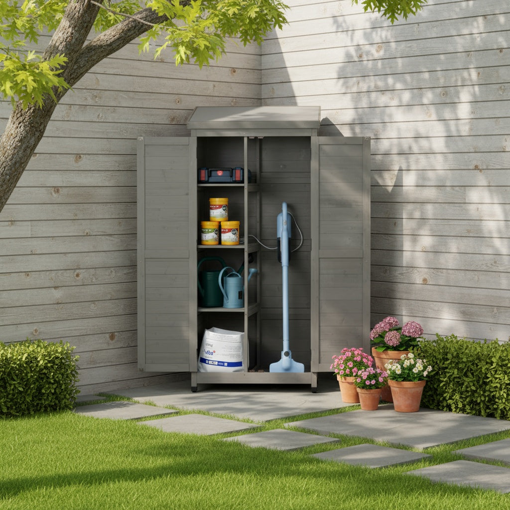 Outdoor Wooden Storage Shed with Metal Top Tall Vertical Tool Cabinet for Backyard Garden Patio Lawn