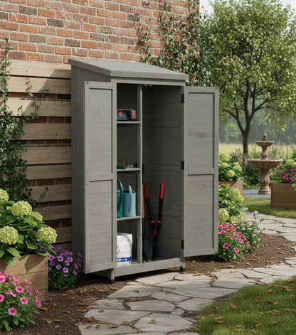 Outdoor Wooden Storage Shed with Metal Top Tall Vertical Tool Cabinet for Backyard Garden Patio Lawn