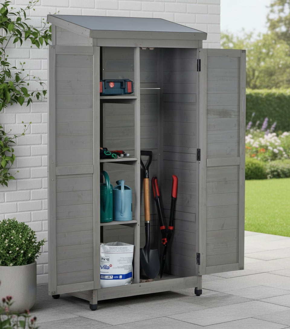 Outdoor Wooden Storage Shed with Metal Top Tall Vertical Tool Cabinet for Backyard Garden Patio Lawn