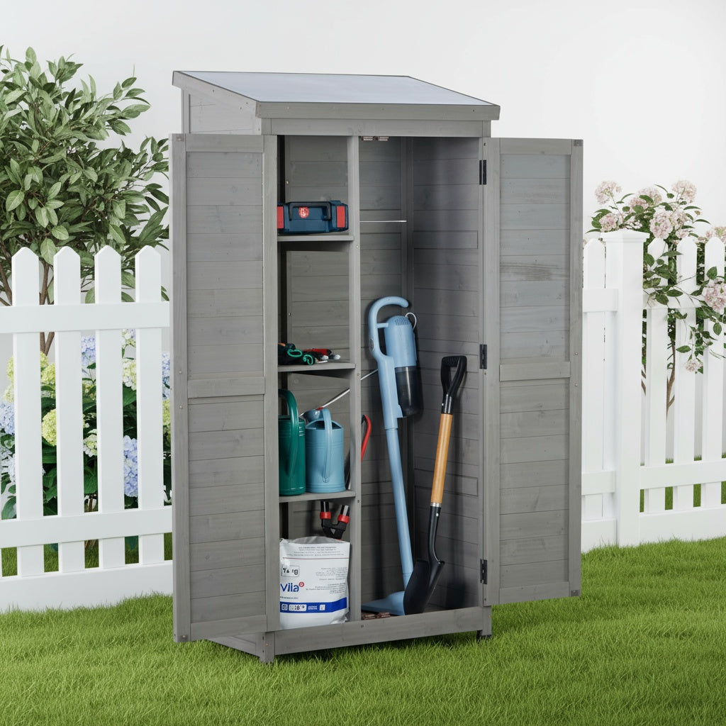 Outdoor Wooden Storage Shed with Metal Top Tall Vertical Tool Cabinet for Backyard Garden Patio Lawn