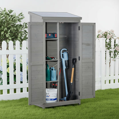 Outdoor Wooden Storage Shed with Metal Top Tall Vertical Tool Cabinet for Backyard Garden Patio Lawn