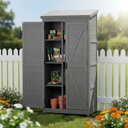 Outdoor Wooden Storage Shed with Metal Top Tall Vertical Tool Cabinet for Backyard Garden Patio Lawn