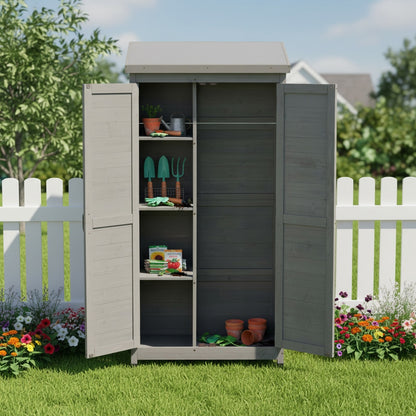 Outdoor Wooden Storage Shed with Metal Top Tall Vertical Tool Cabinet for Backyard Garden Patio Lawn