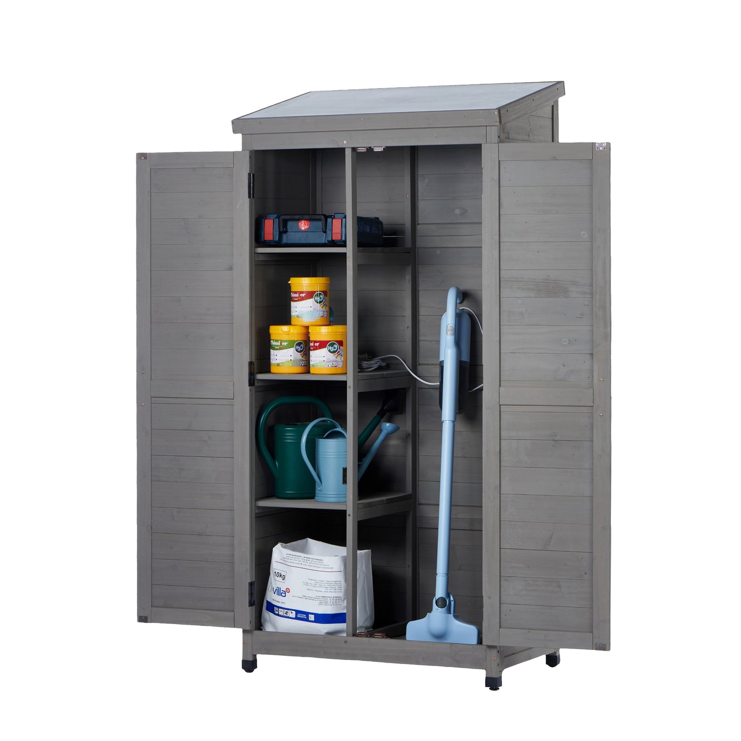 Outdoor Wooden Storage Shed with Metal Top Tall Vertical Tool Cabinet for Backyard Garden Patio Lawn