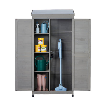 Outdoor Wooden Storage Shed with Metal Top Tall Vertical Tool Cabinet for Backyard Garden Patio Lawn