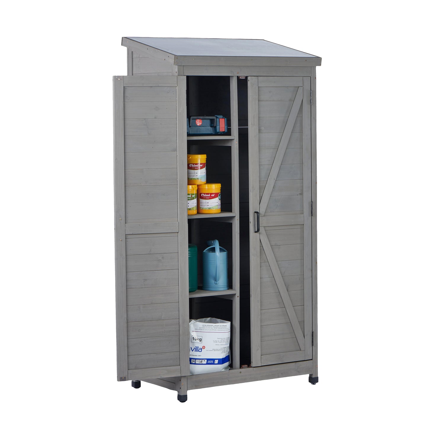 Outdoor Wooden Storage Shed with Metal Top Tall Vertical Tool Cabinet for Backyard Garden Patio Lawn