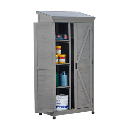 Outdoor Wooden Storage Shed with Metal Top Tall Vertical Tool Cabinet for Backyard Garden Patio Lawn
