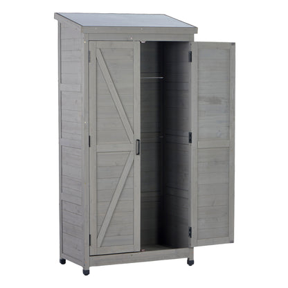 Outdoor Wooden Storage Shed with Metal Top Tall Vertical Tool Cabinet for Backyard Garden Patio Lawn