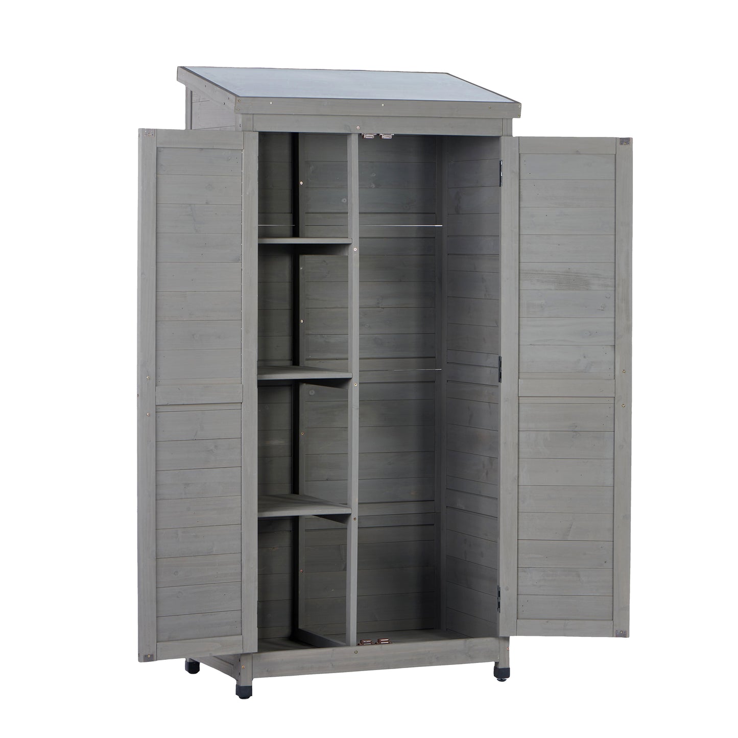 Outdoor Wooden Storage Shed with Metal Top Tall Vertical Tool Cabinet for Backyard Garden Patio Lawn