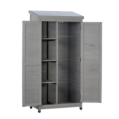 Outdoor Wooden Storage Shed with Metal Top Tall Vertical Tool Cabinet for Backyard Garden Patio Lawn