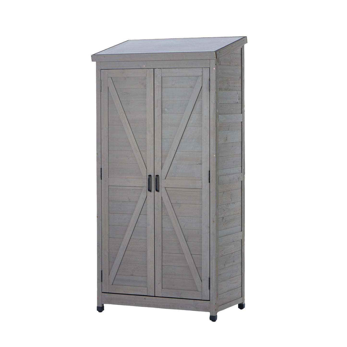 Outdoor Wooden Storage Shed with Metal Top Tall Vertical Tool Cabinet for Backyard Garden Patio Lawn