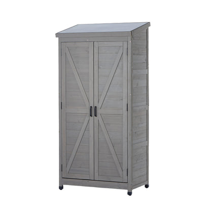 Outdoor Wooden Storage Shed with Metal Top Tall Vertical Tool Cabinet for Backyard Garden Patio Lawn
