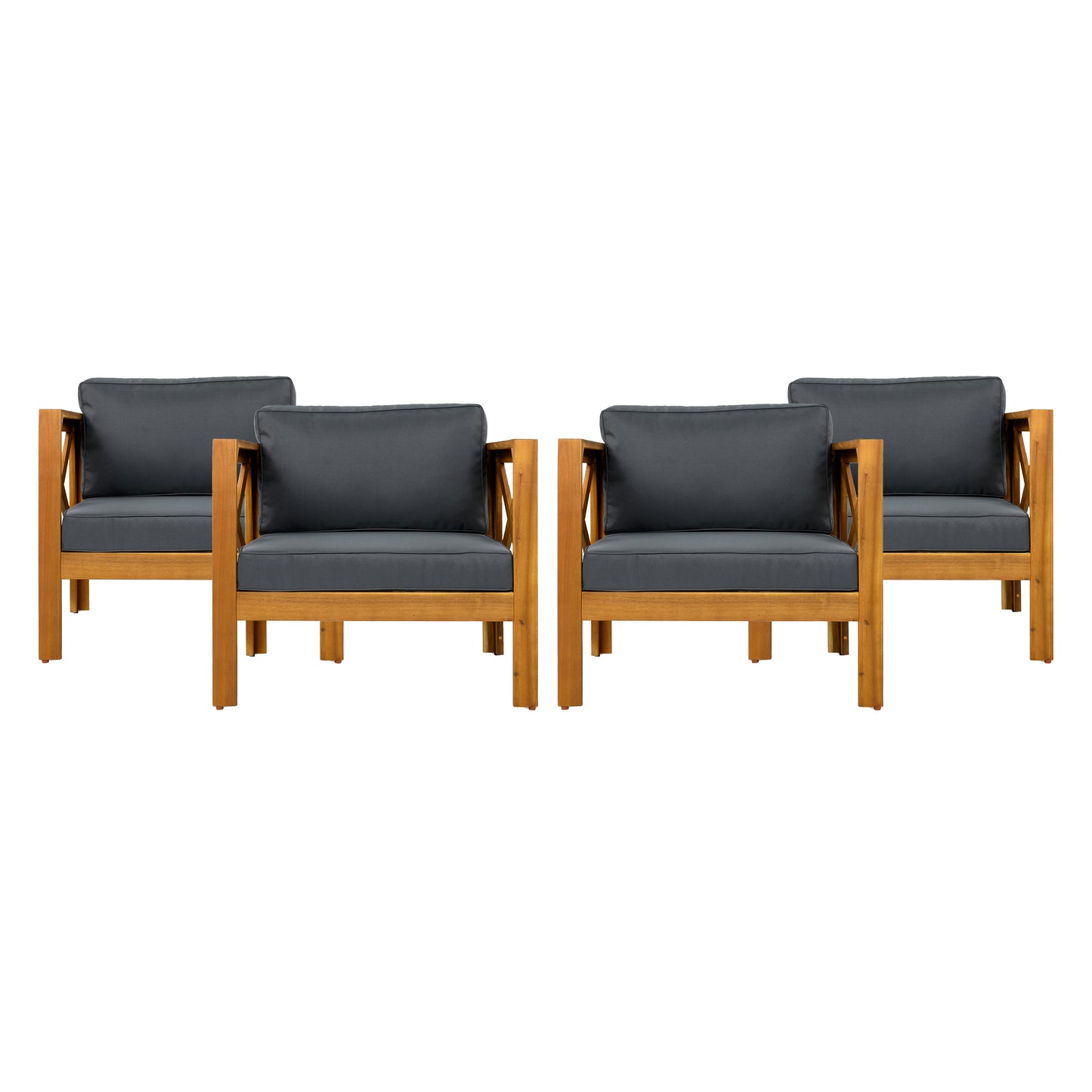 Outdoor Acacia Wood Club Wooden Armchair with Cushions (Set of 2), Conversation Set,Teak Finish,Dark Grey cushion